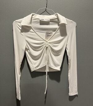 ELODIE White Collared Long Sleeve Cinched Tie Crop Top Women’s S NWT